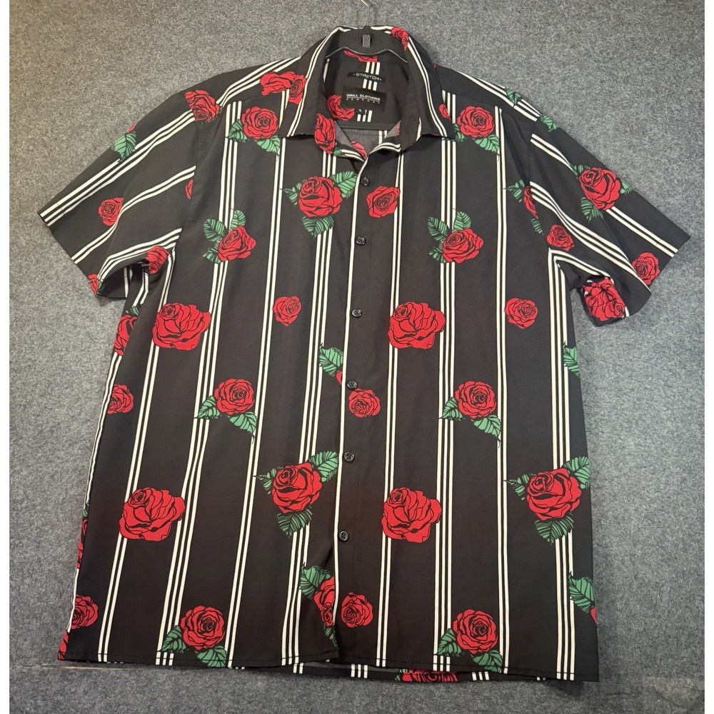 Drill Clothing Company Men's Black Rose Print Striped Stretch Short Sleeve‎ L